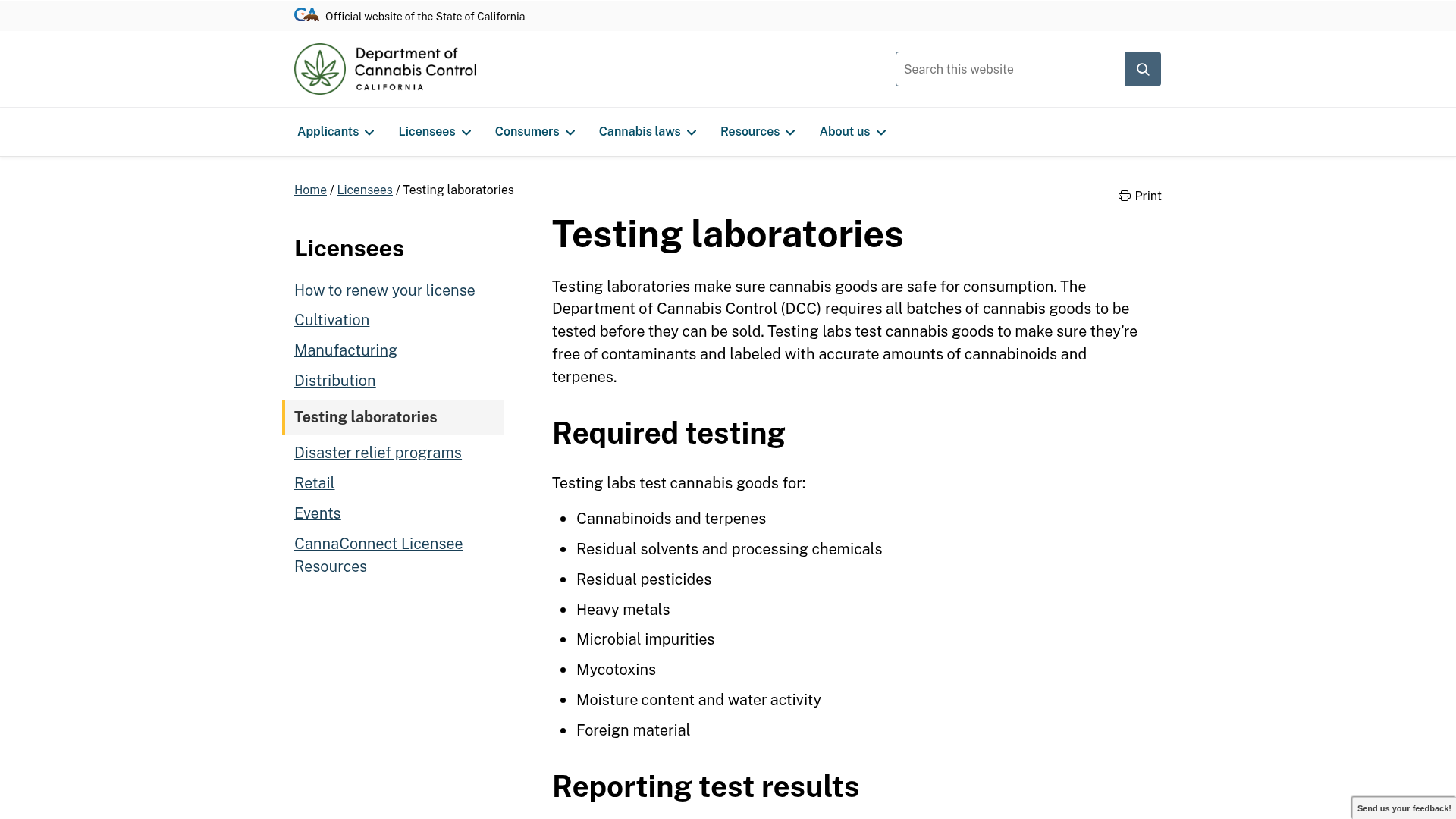 Department of Cannabis Control testing laboratories guidance page